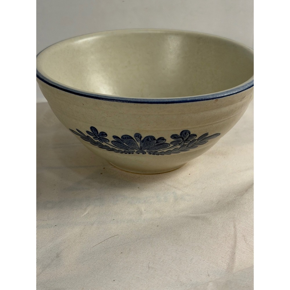 Vintage Blue Floral Stoneware Mixing Bowl Cream Speckled Ceramic Farmhouse Decor